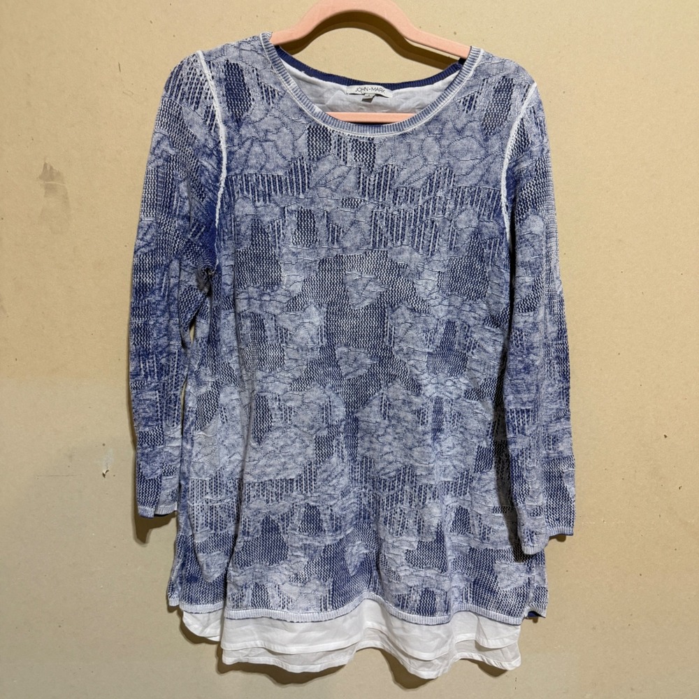 John Mark Blue White Burnout Knit Mixed Media Split Back Tunic Top Large